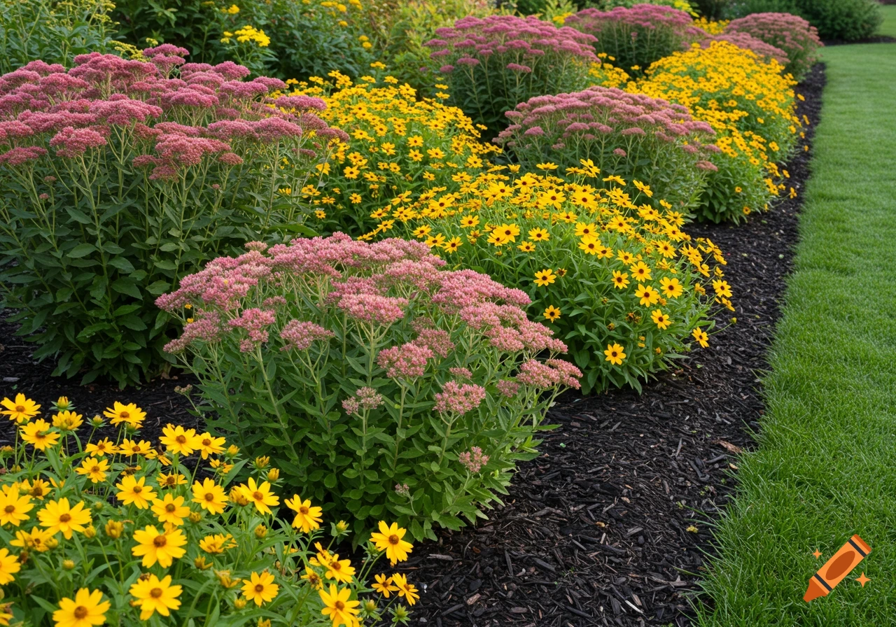 A vibrant garden bed with rows of pink sedum flowers, yellow rudbeckia flowers, black mulch, and a green lawn.