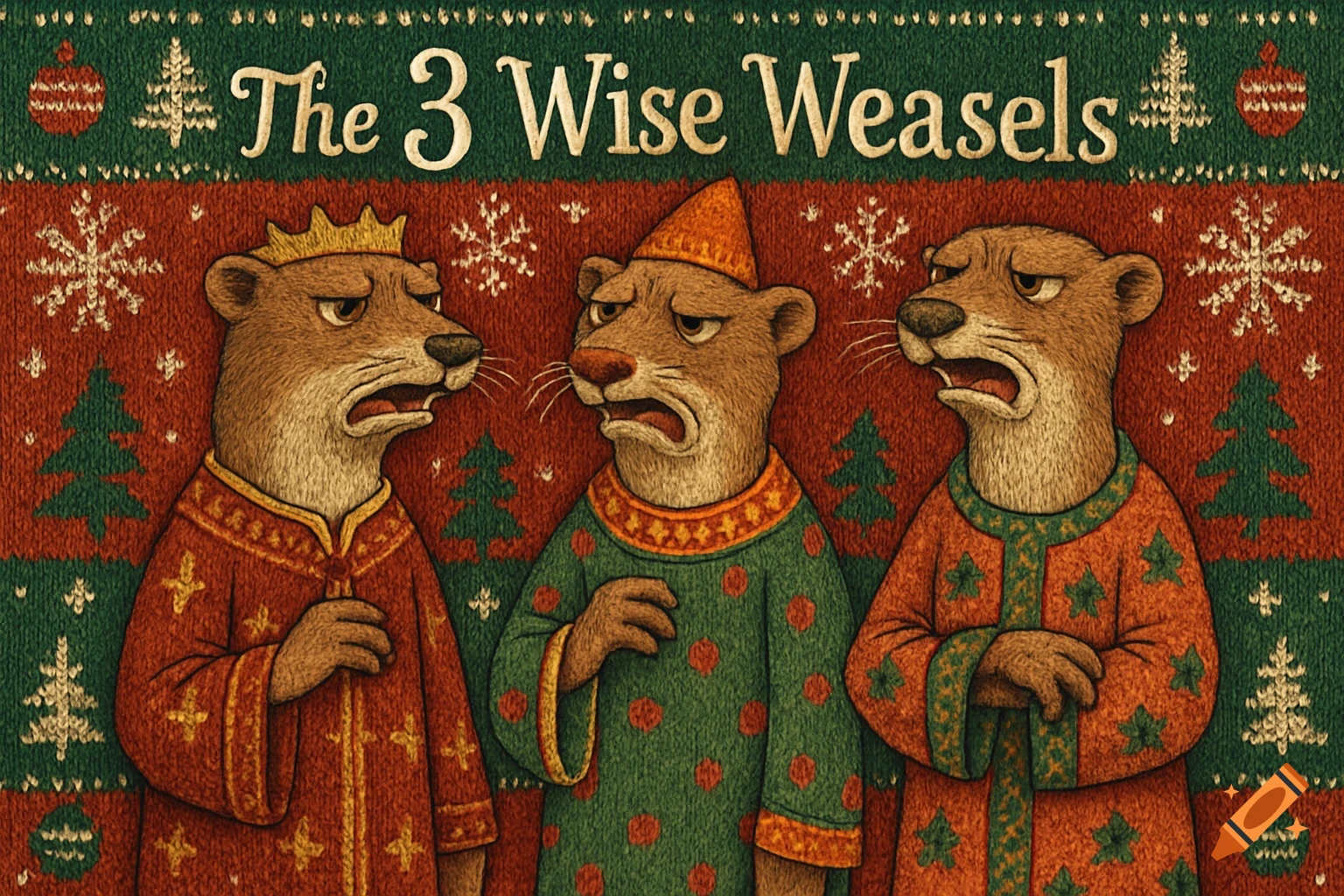 Three anthropomorphic weasels dressed as wise men, looking disgruntled, on a knitted Christmas sweater background with the title "The 3 Wise Weasels".
