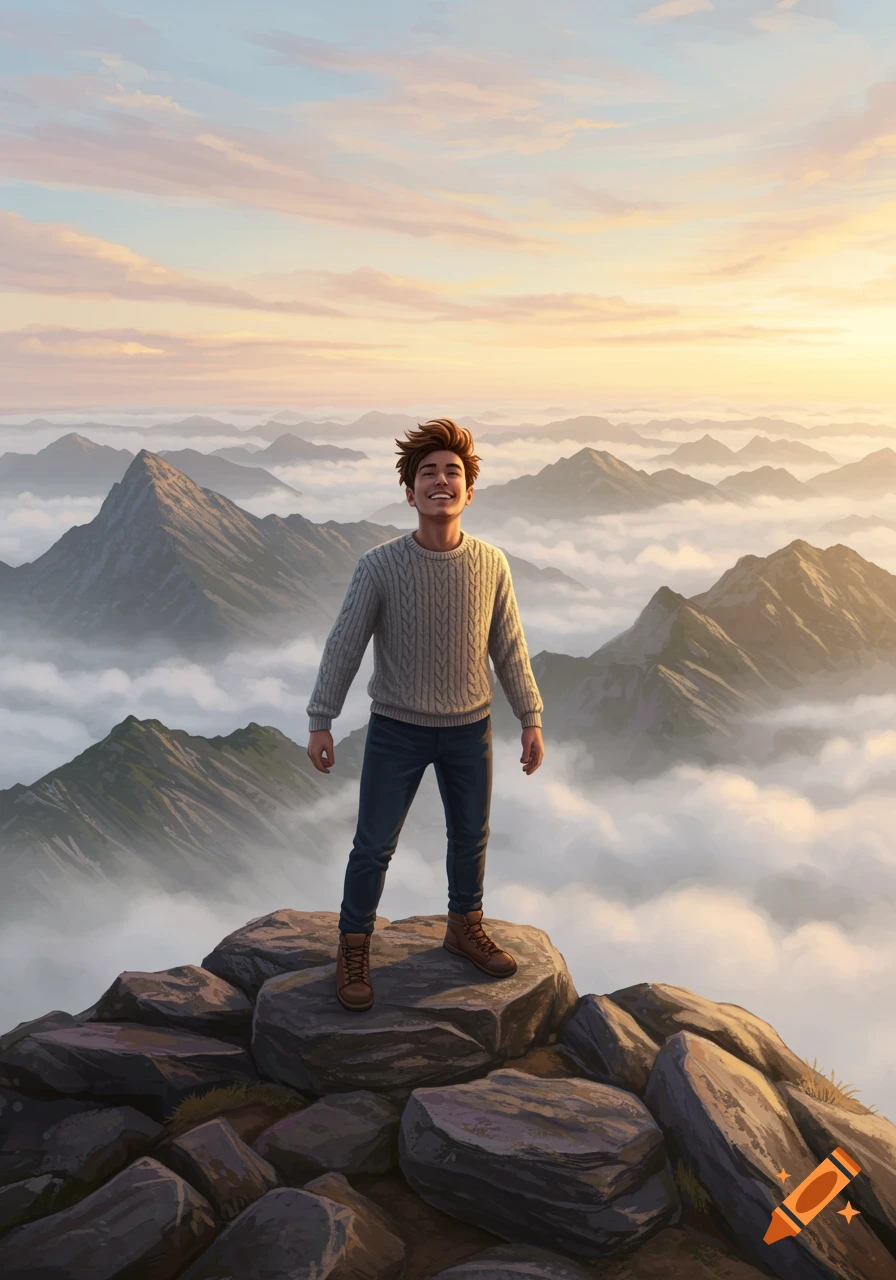 A smiling man stands on a rocky mountain peak overlooking a vast landscape of mountains and clouds at sunrise.