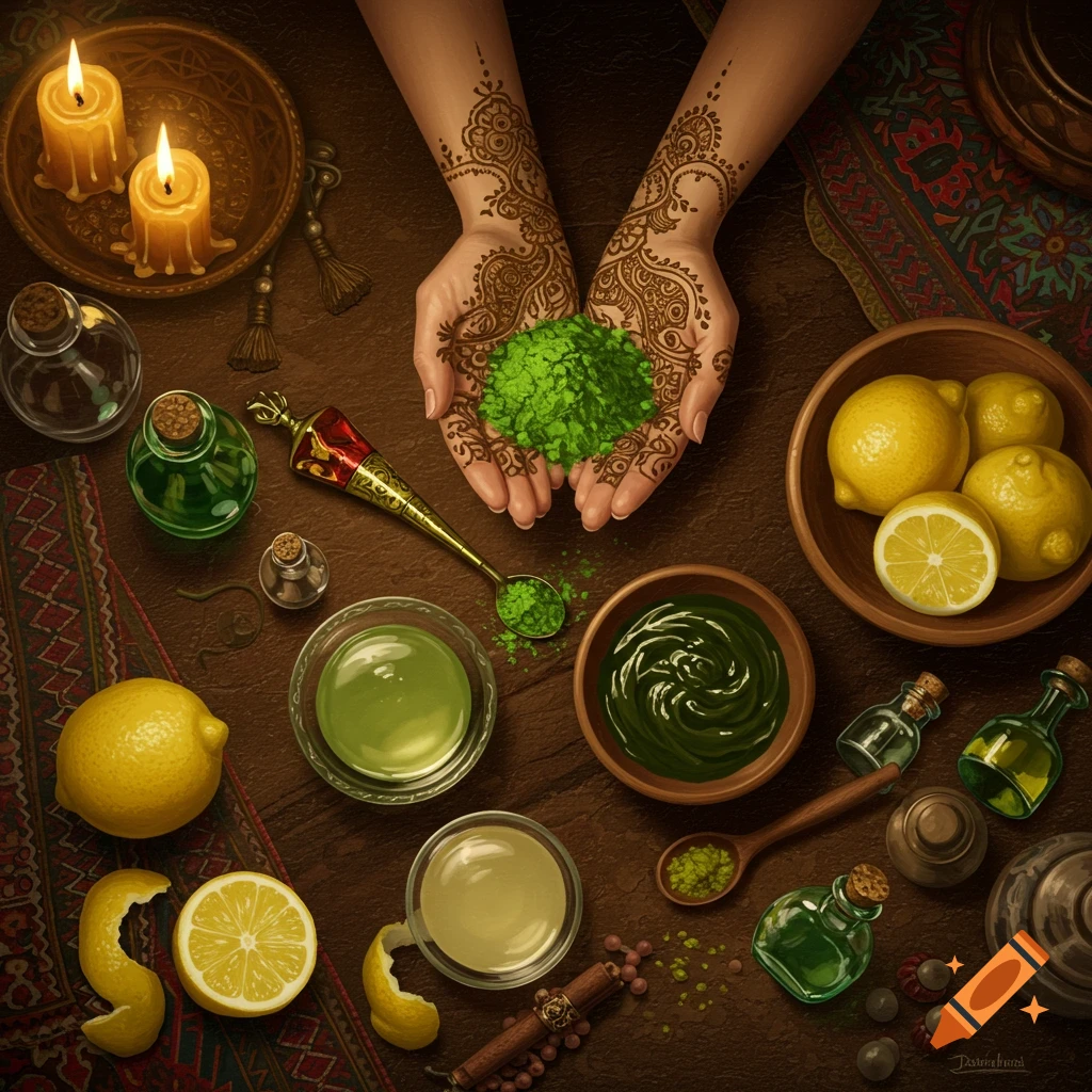 Hennaed hands holding green powder, surrounded by lemons, candles, and bowls of henna paste and lemon juice on a dark, patterned table.