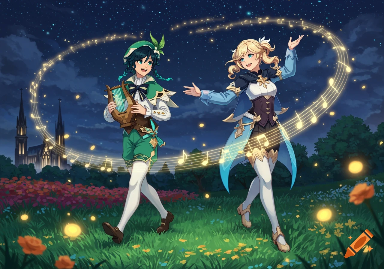Anime boy playing a lyre and a blonde anime girl singing in a field with glowing musical notes at night, church in background.