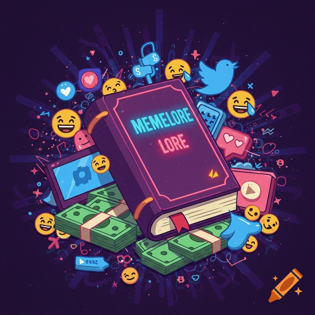 A stylized illustration of a purple book titled 'MEMELORE LORE' surrounded by stacks of money, various emojis, and social media icons like Twitter, Instagram hearts, and a padlock icon. The background is dark with glowing lines and sparkles.