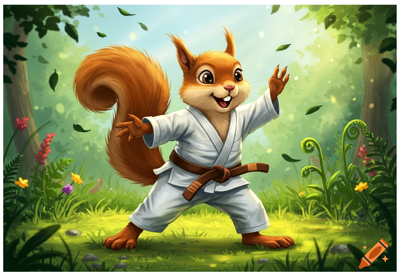 A cheerful cartoon squirrel in a white martial arts gi and brown belt stands in a vibrant green forest with falling leaves.