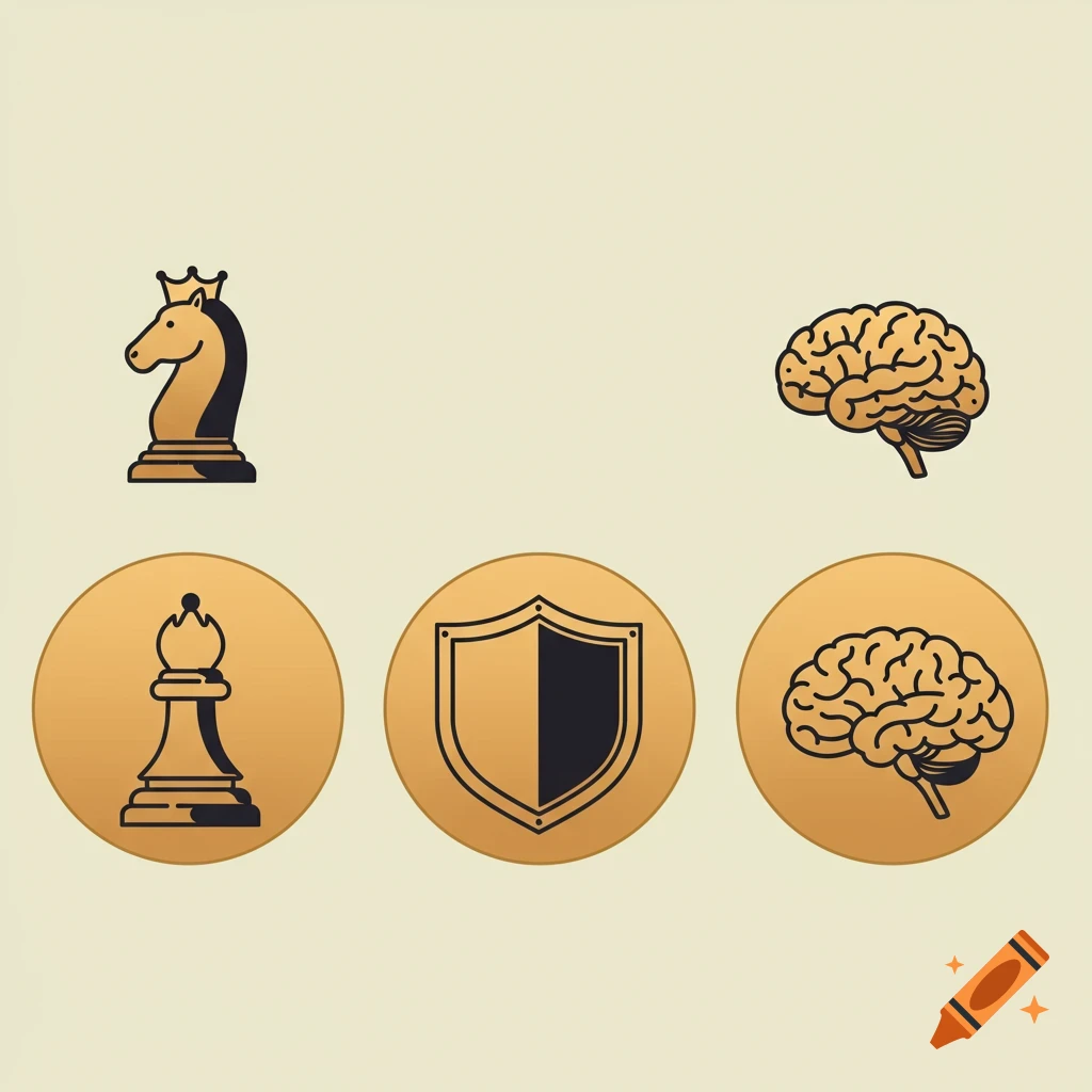 Minimalist black and gold icons featuring a chess knight, a chess bishop, a shield, and two brains on a light background.