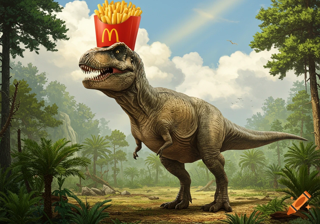 A realistic Tyrannosaurus Rex in a jungle wears a red McDonald's french fries container filled with fries on its head.