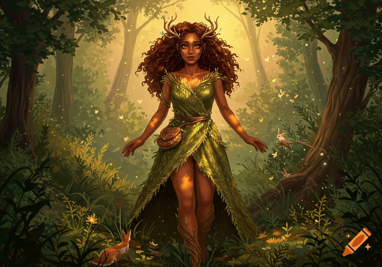 A fantasy illustration of a druid-like woman with curly brown hair and antlers, wearing a leafy dress, in an enchanted forest.