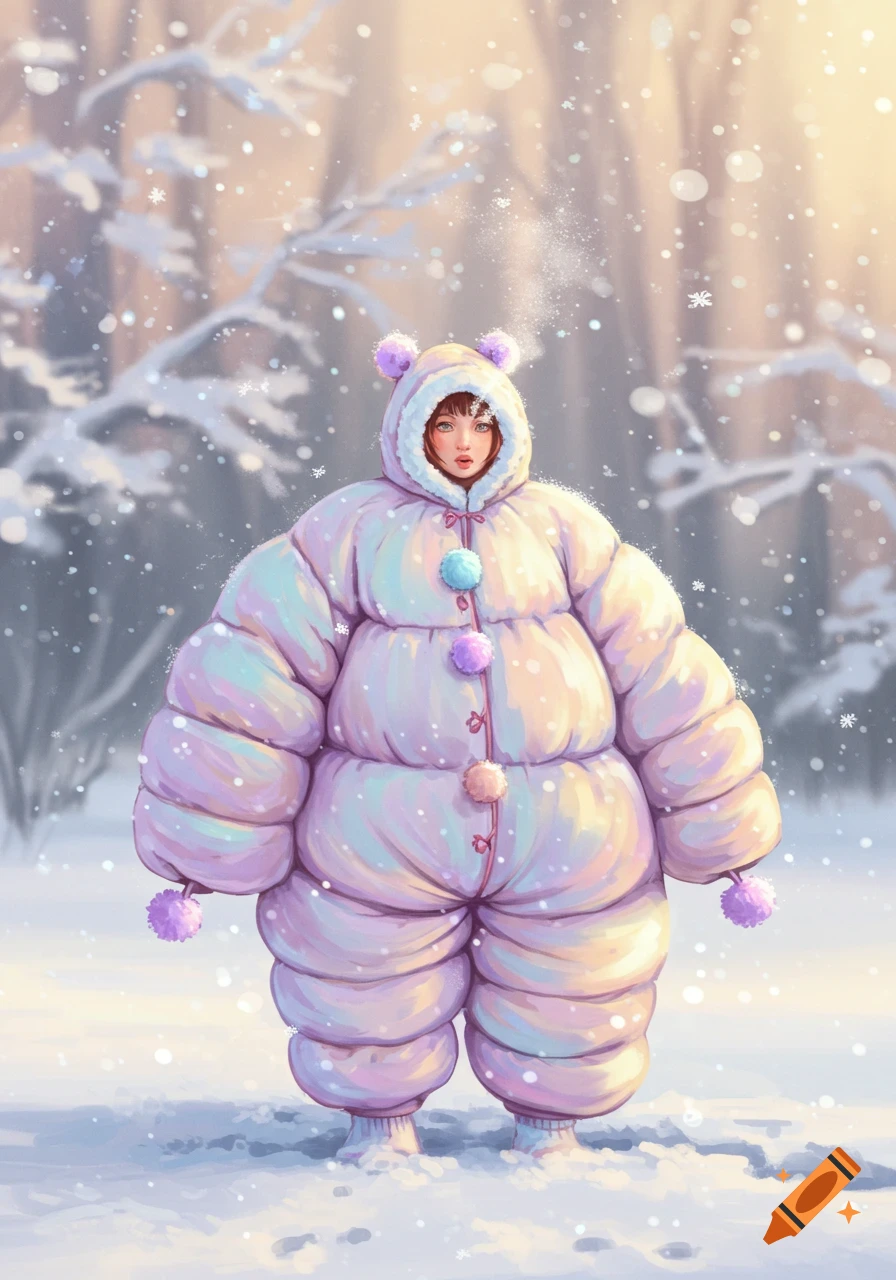 A person in a puffy, pastel winter onesie with bear ears stands in a snowy forest.