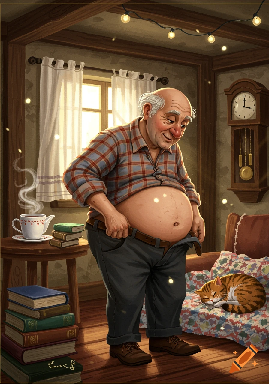 Cartoon of an old man with a big belly trying to pull up his pants, while a cat sleeps on a chair in a cozy room.
