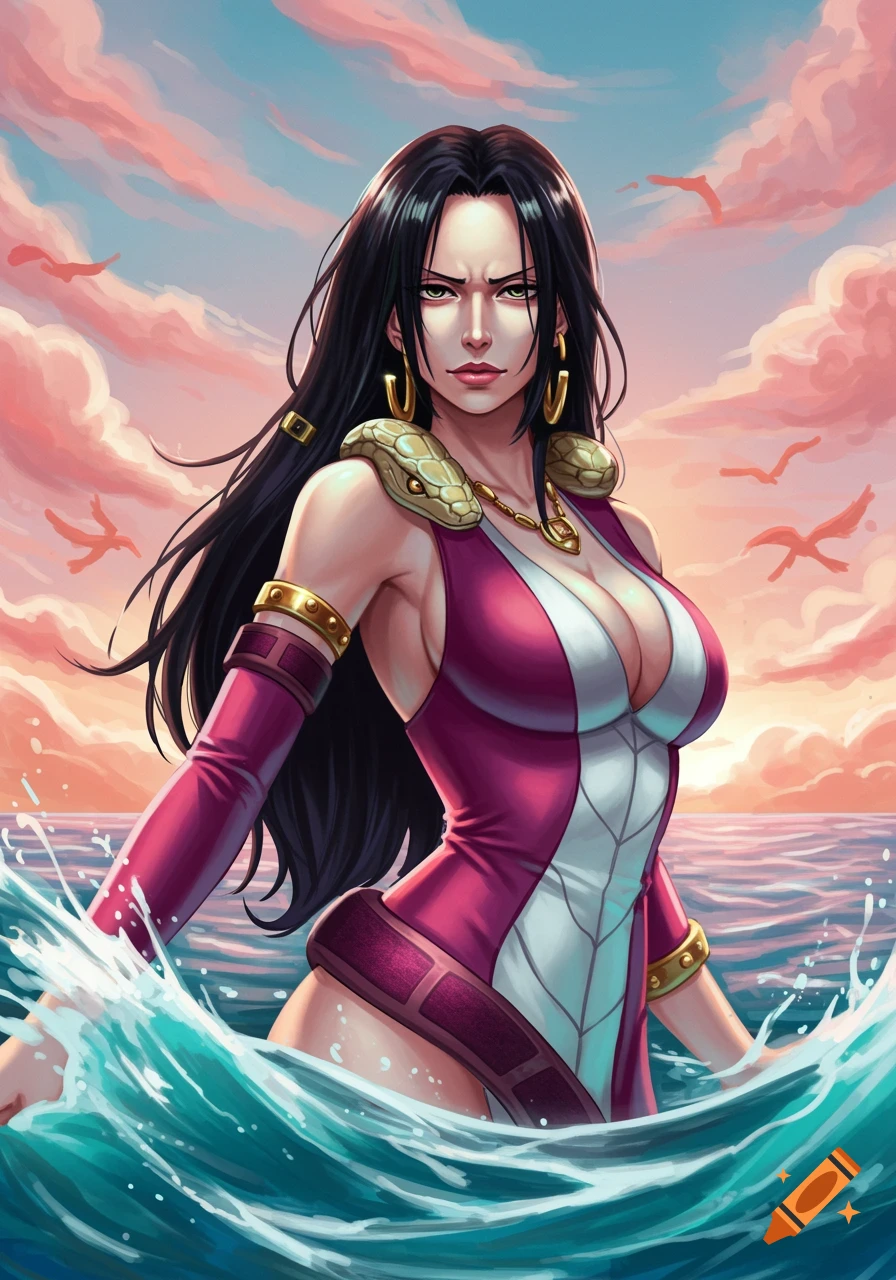 Anime illustration of Boa Hancock in a purple and white outfit, standing in ocean waves under a vibrant sunset sky.
