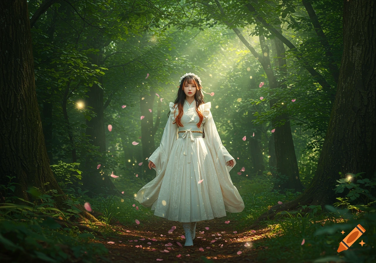 A young woman in a white, traditional dress stands on a path in a lush, sunlit forest with pink petals falling.