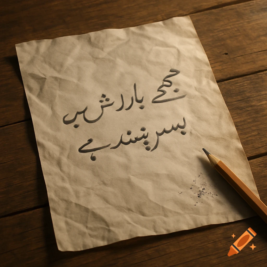 Crumpled paper with Urdu text in pencil, a pencil, and graphite shavings on a wooden table.