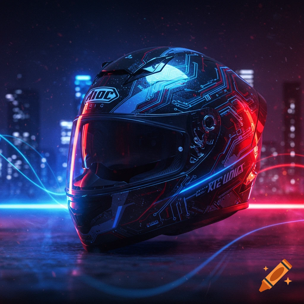 A futuristic black motorcycle helmet with glowing red and blue circuit patterns, set against a neon-lit city background.