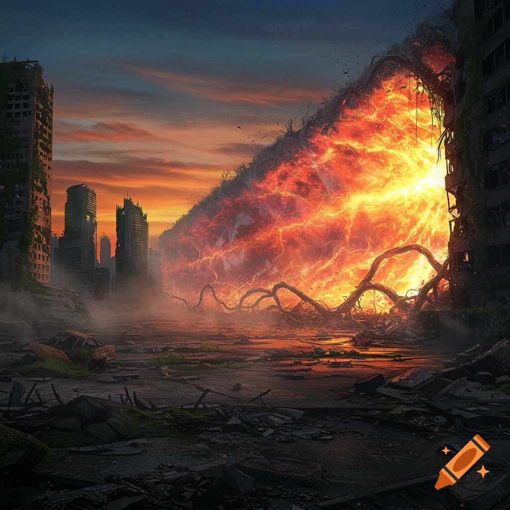 A destroyed city landscape under a fiery sunset, dominated by a massive, glowing orange and red energy wall rising from the ground.