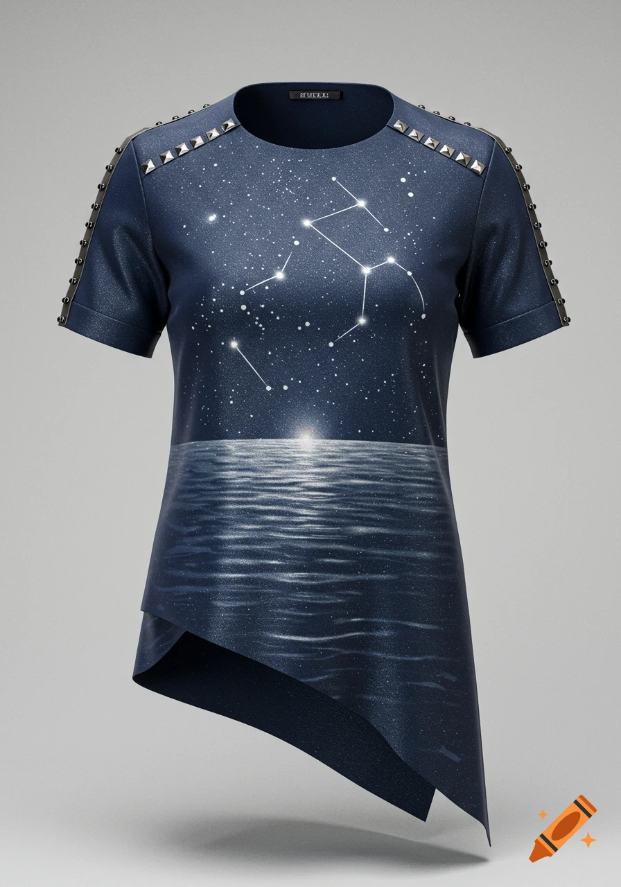A dark blue t-shirt featuring a constellation design on top and a moonlit water reflection below, with studded shoulders.
