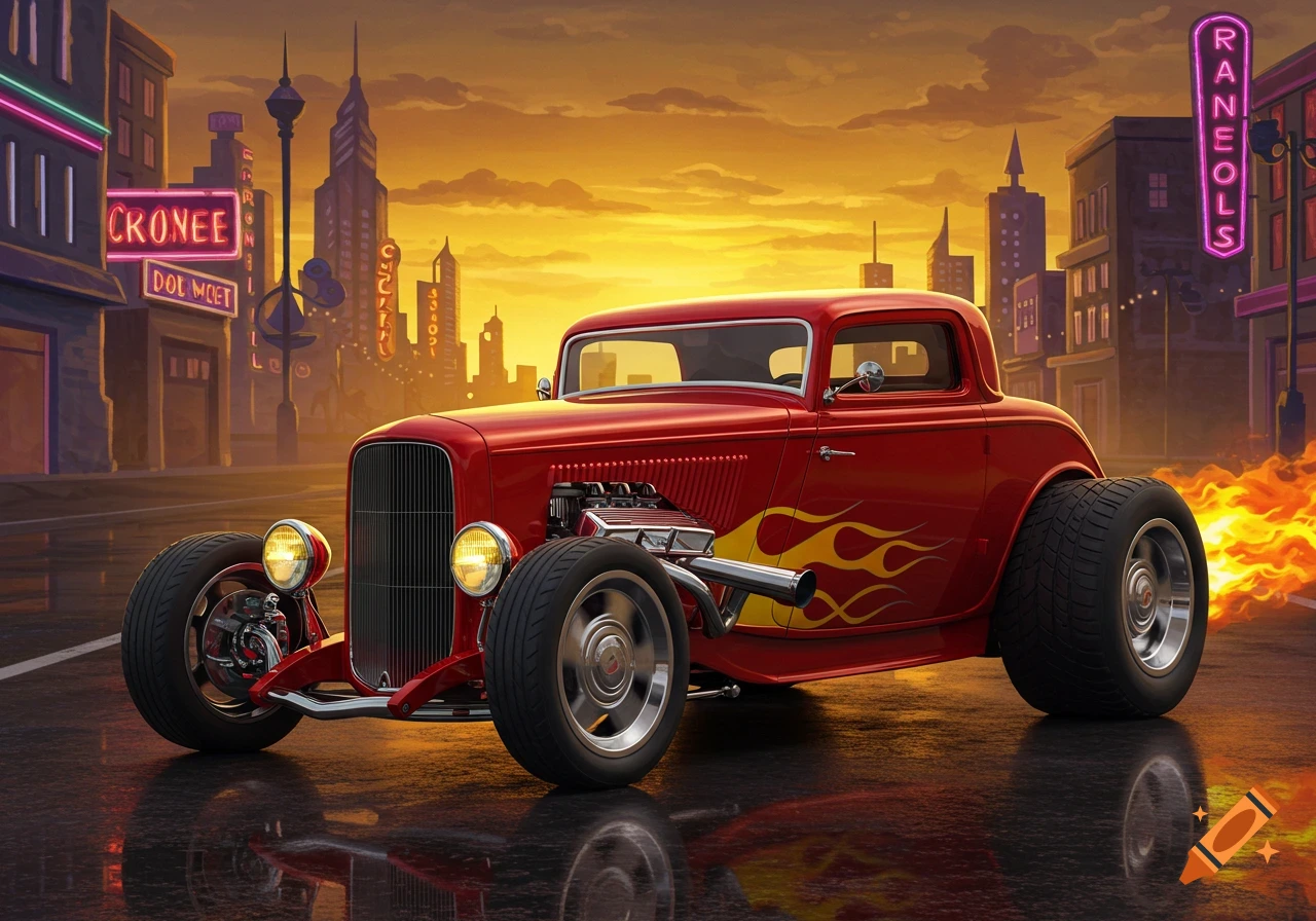 A vibrant red cartoon hotrod with flame decals is parked on a wet city street at sunset, with neon-lit buildings in the background.