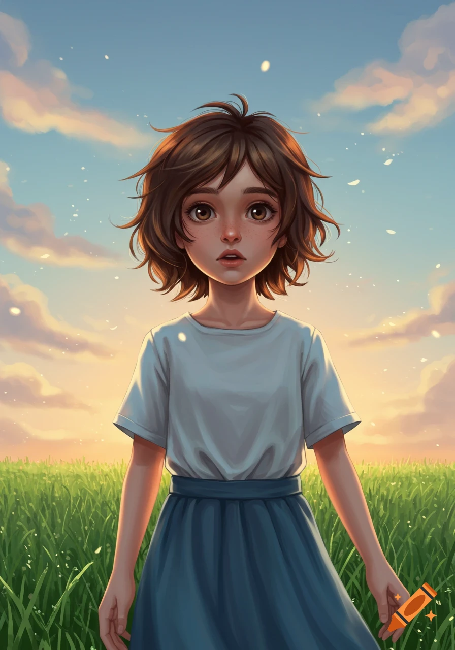 An animated young girl with short brown hair stands in a green field under a cloudy sunset sky.