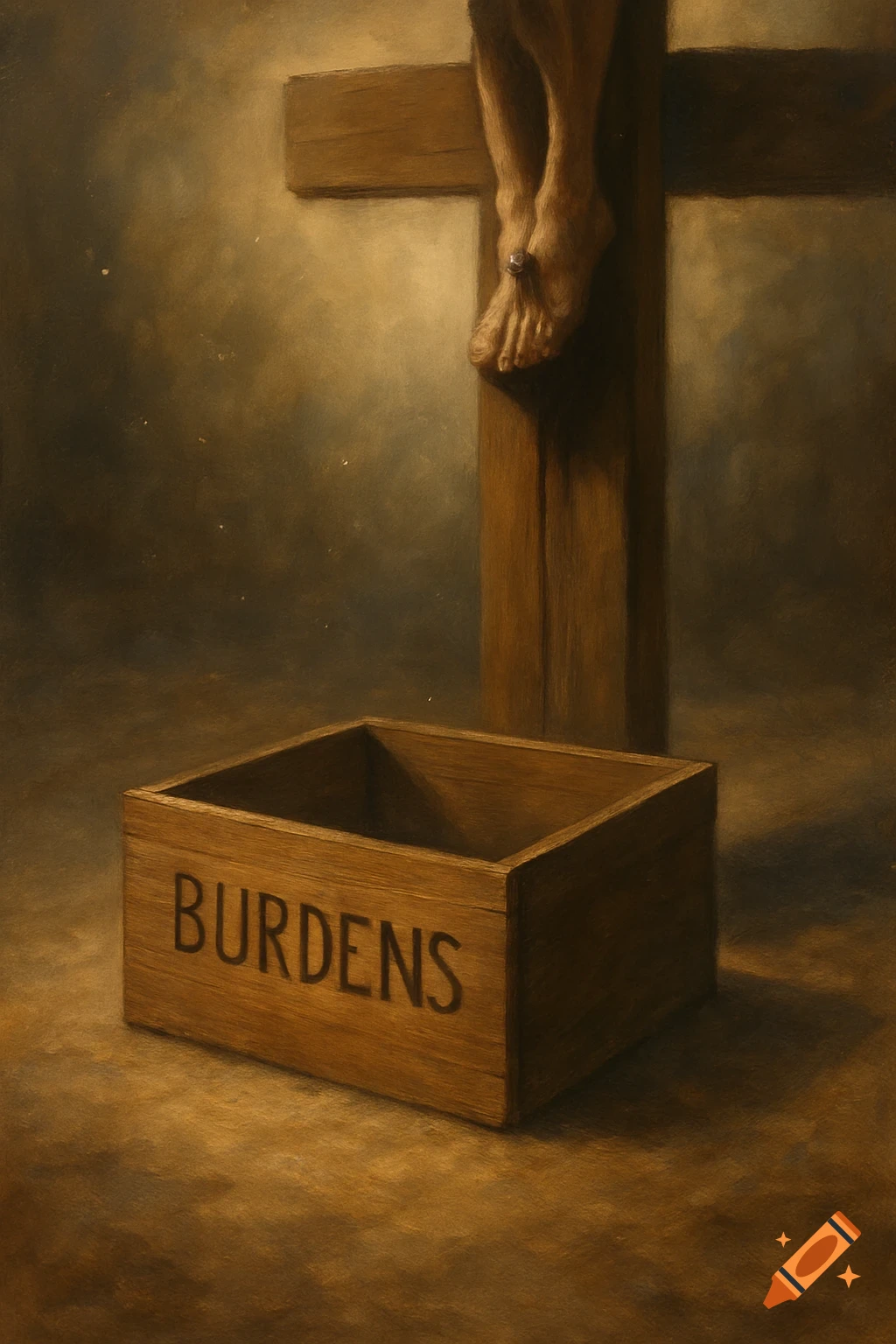 Oil painting of crucified feet on a wooden cross, with an open wooden box labeled 'BURDENS' at its base.