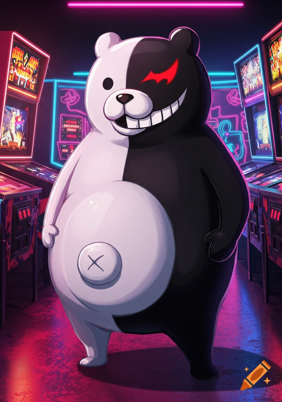 Monokuma, a half-white, half-black bear, stands with a large belly in a neon-lit arcade among pinball machines.