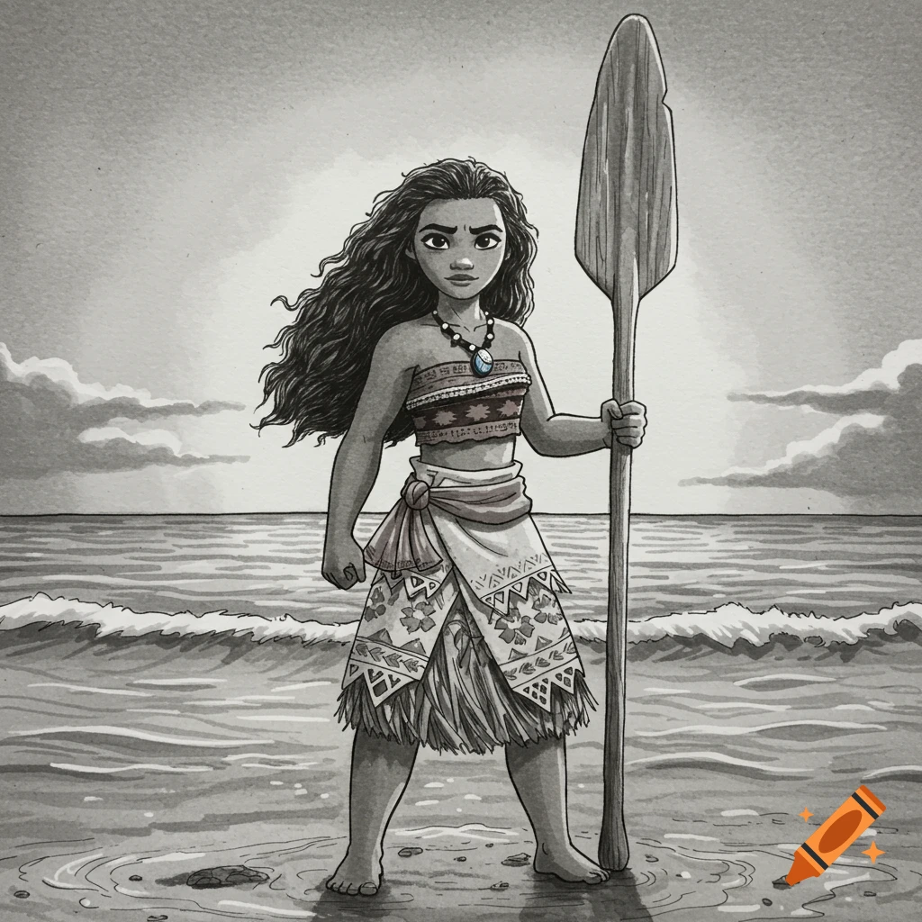Black and white illustration of Moana standing in the ocean, holding a paddle.