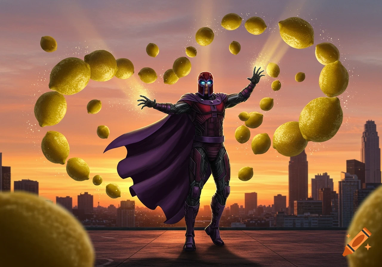 Magneto, a superhero in a purple suit and cape, stands on a city rooftop at sunset, telekinetically levitating dozens of lemons around him with glowing energy.