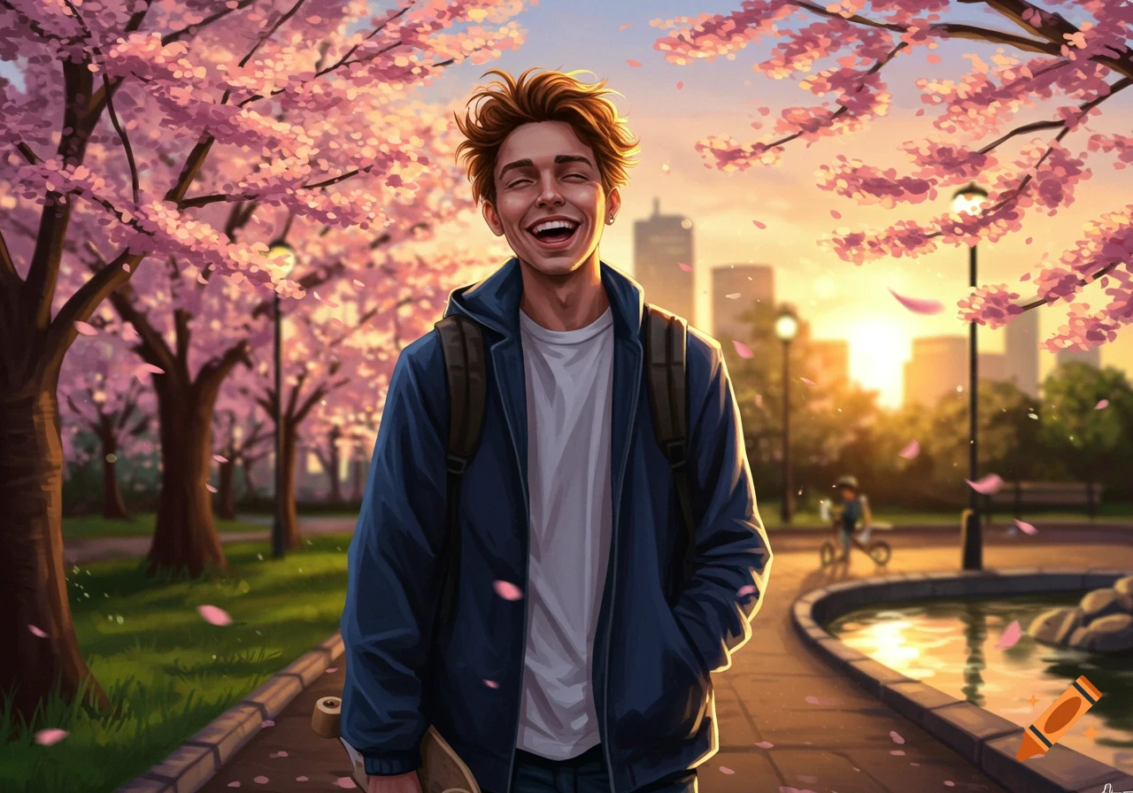 A young man with a backpack and skateboard laughs joyfully on a park path under cherry blossom trees at sunset, digital art.