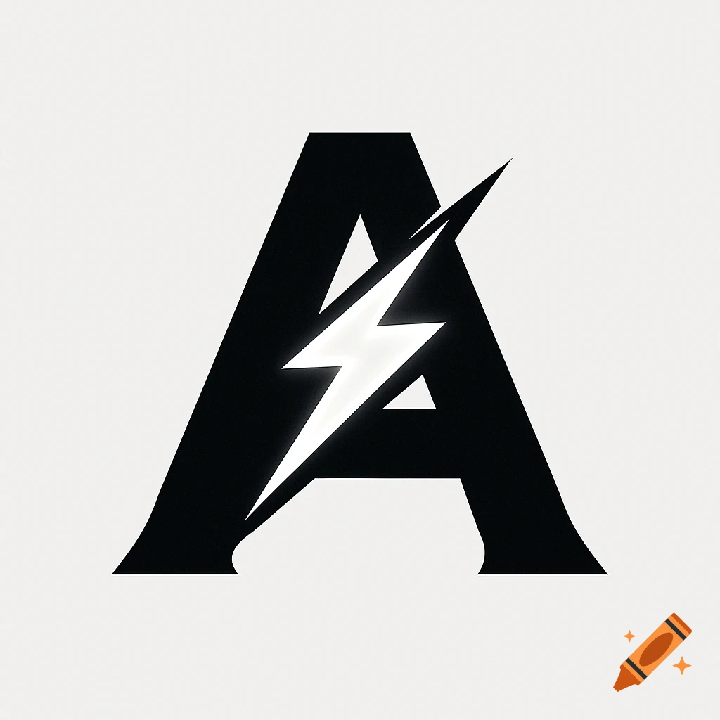 Black capital letter A logo with a white lightning bolt through its center on a plain white background.