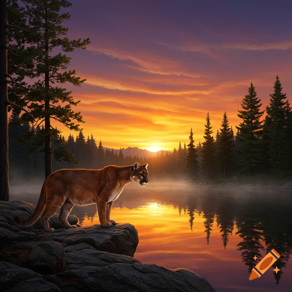 A mountain lion stands on rocks beside a misty lake under a vibrant sunset.
