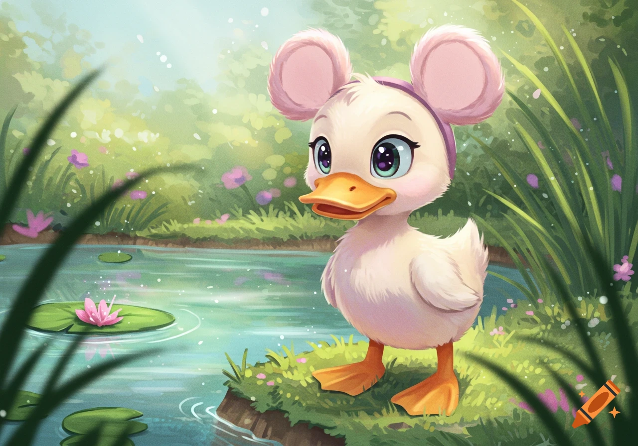 A cute cartoon duckling with large eyes and pink mouse ears stands by a pond with lily pads and flowers on the bank.