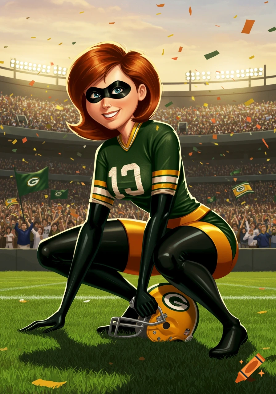 Cartoon Elastigirl in a Green Bay Packers uniform with a black mask, crouching on a football field with a helmet, in a stadium full of fans.