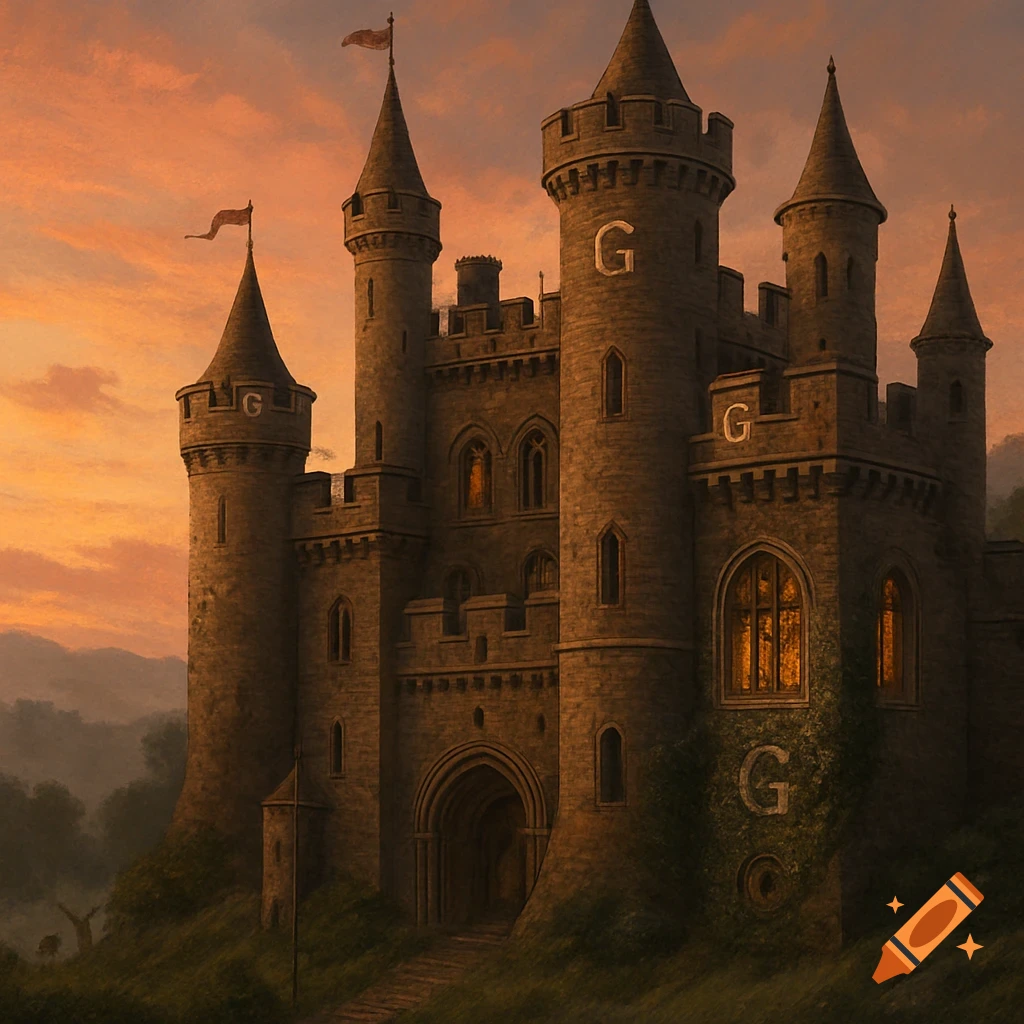 A majestic stone medieval castle with multiple towers and flags, bathed in the warm glow of a sunset sky. The letter G is subtly integrated into its walls.