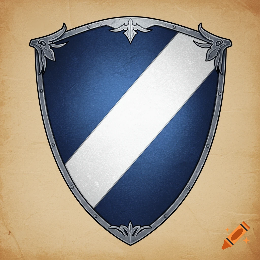 A shield insignia with a blue field and a white diagonal stripe on a textured paper background.