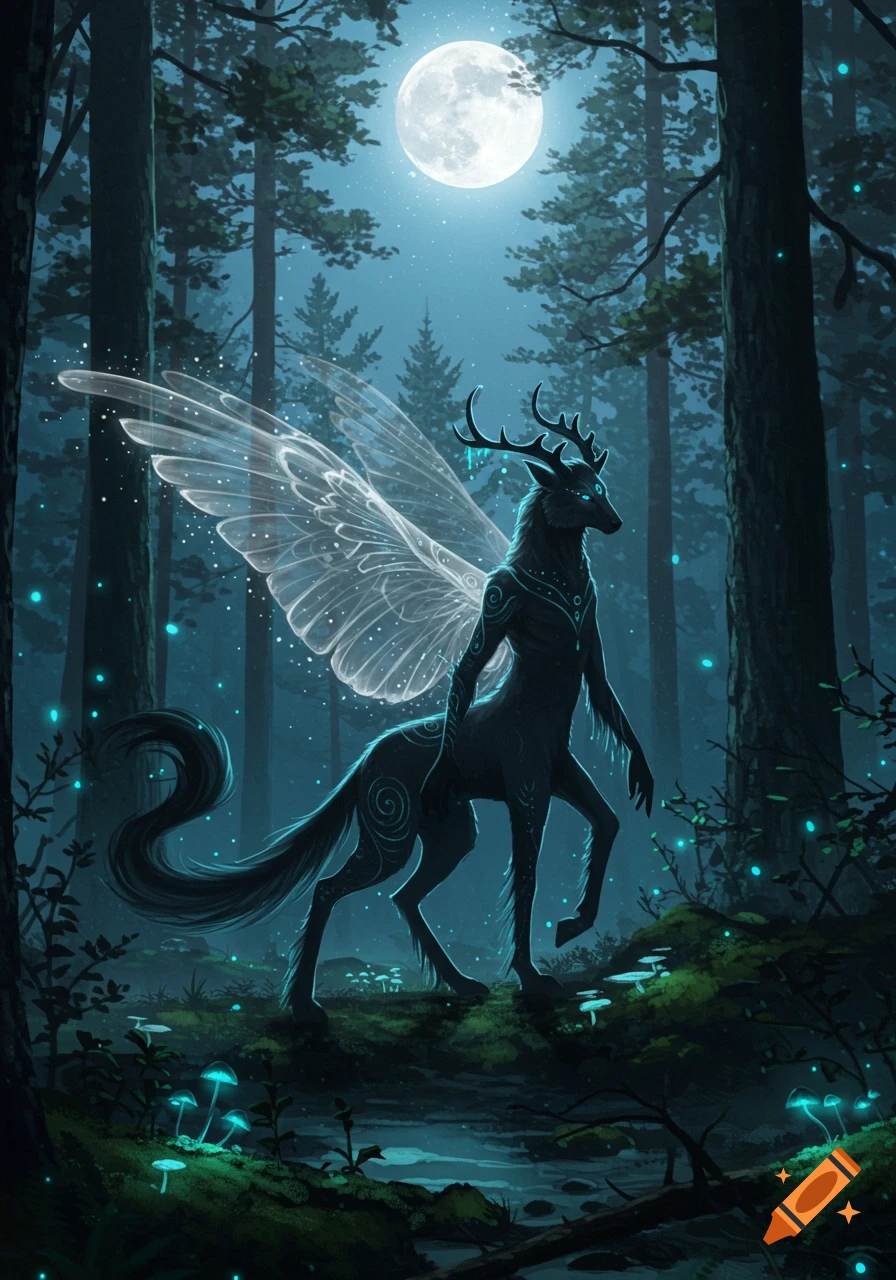A dark, winged deer-like creature with antlers stands in a mystical blue-lit forest under a full moon, with glowing mushrooms.
