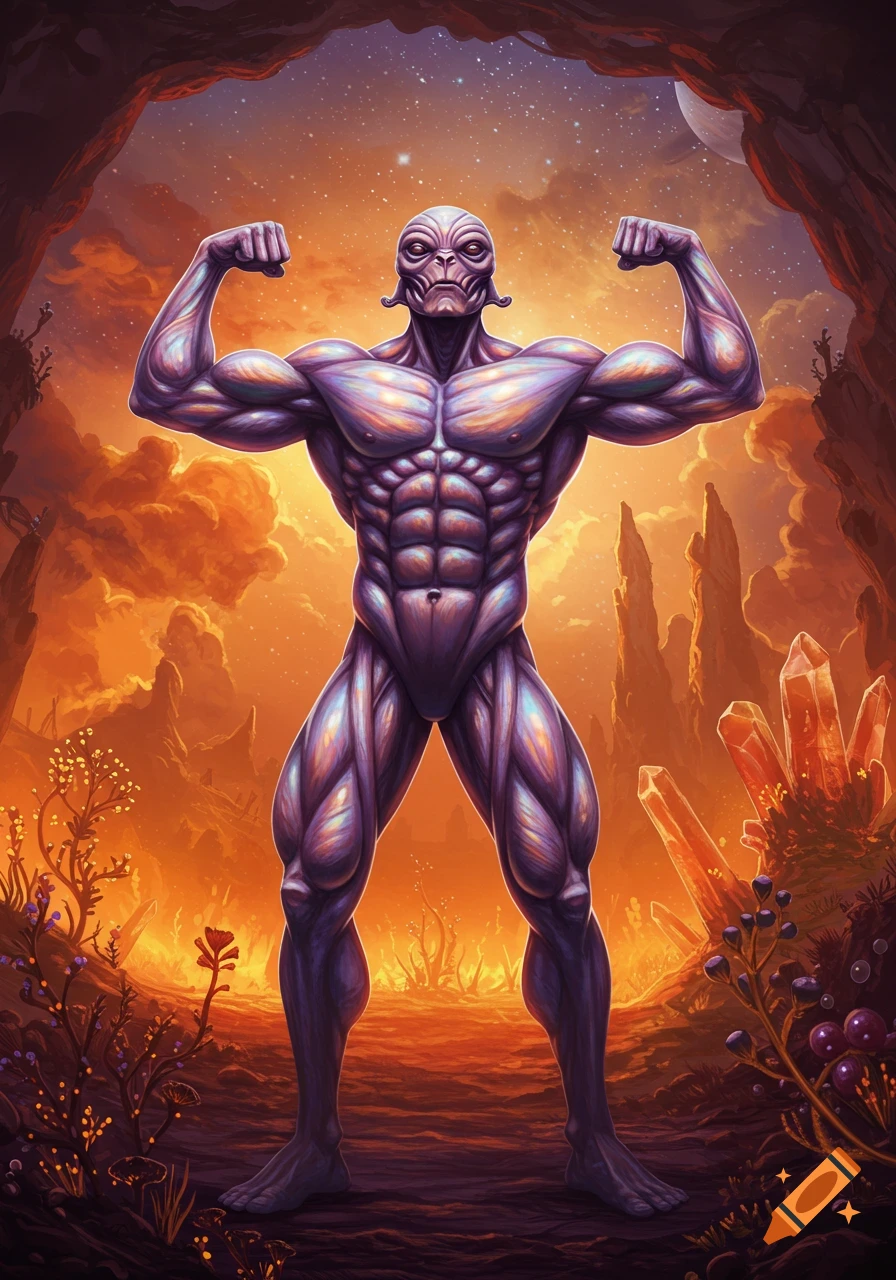 A muscular alien creature flexing its biceps in a vibrant orange and purple alien landscape under a starry sky.