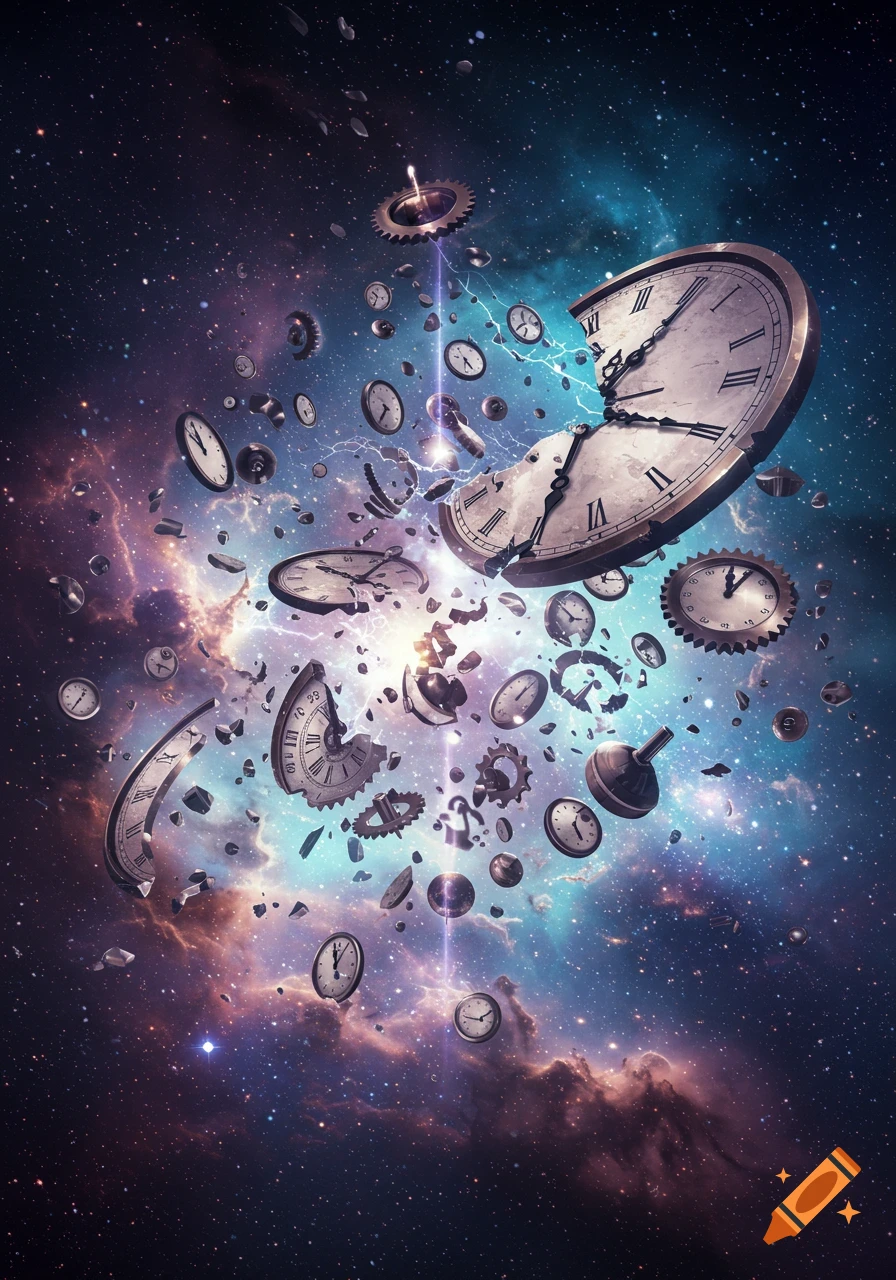 A surreal image of clocks and gears shattering and scattering through a vibrant, star-filled nebula in deep space.