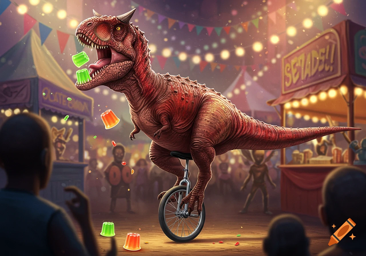 A red Carnotaurus dinosaur rides a unicycle at a vibrant carnival, with green and orange jello shots floating around its open mouth.