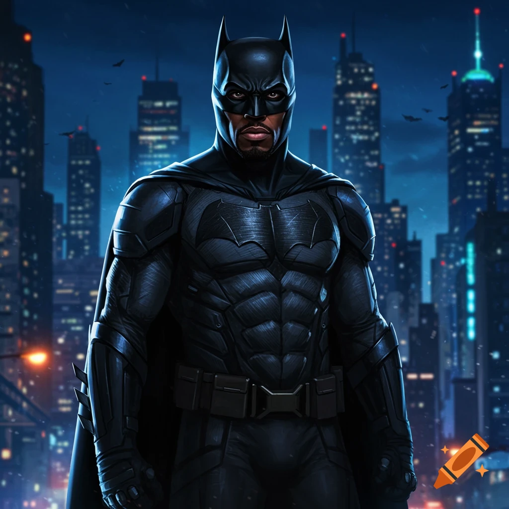 A powerful digital illustration of an African American Batman standing tall against a dark, futuristic cityscape at night.