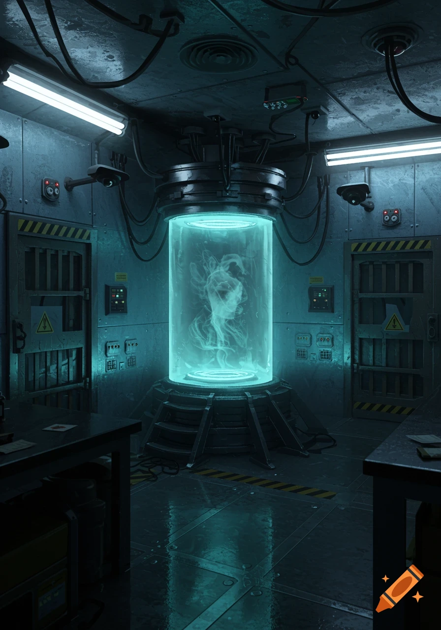 A dimly lit, metallic, industrial room with a large, glowing blue containment tube in the center, appearing to hold a shadowy figure.