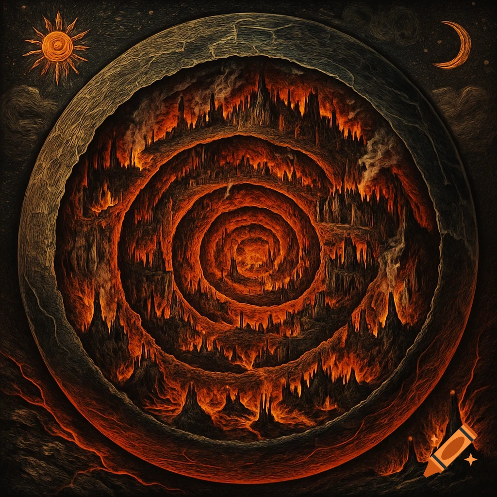 Conceptual diagram of a spiraling, fiery underground cavern resembling hell, with a sun and moon in the dark sky.