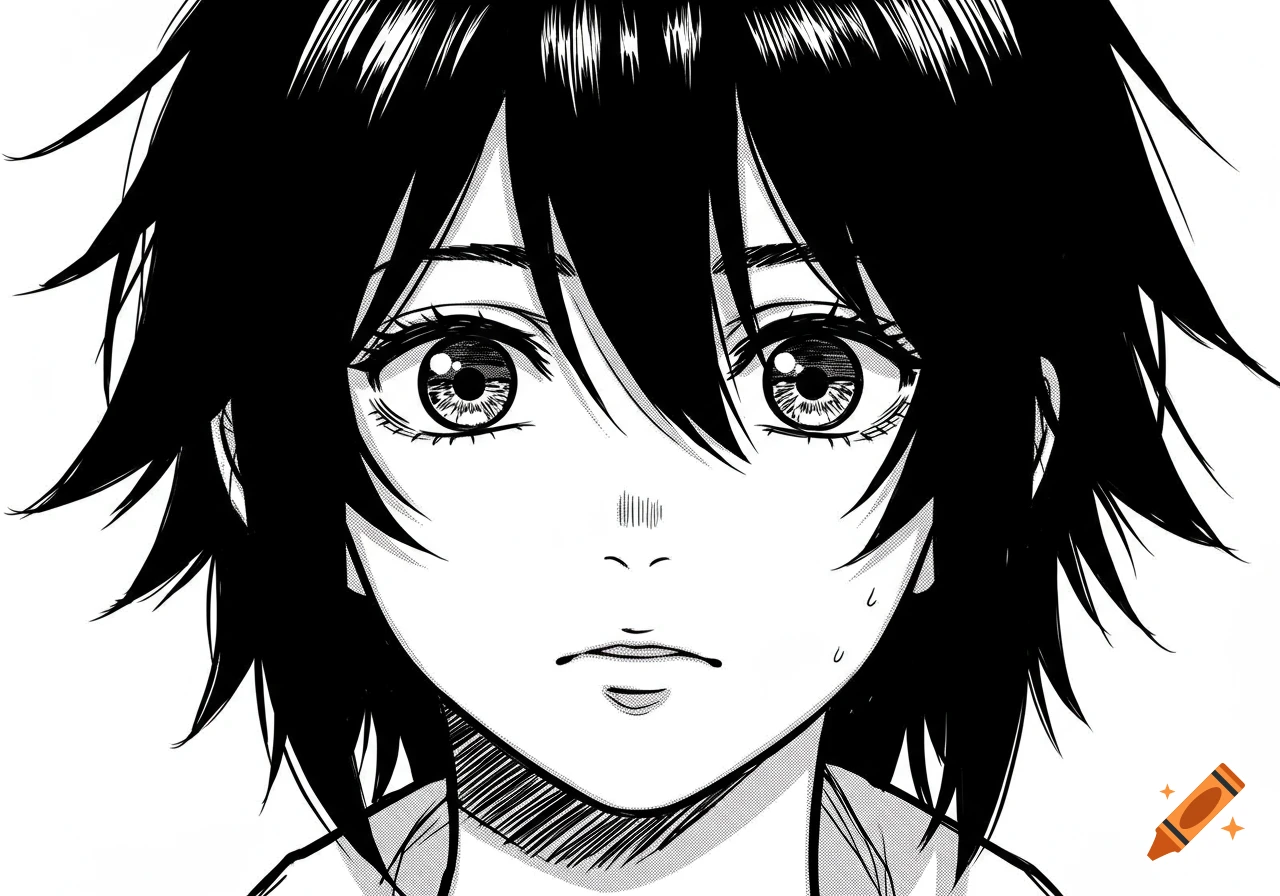 Black and white manga-style close-up of a person's face with large expressive eyes and spiky hair.