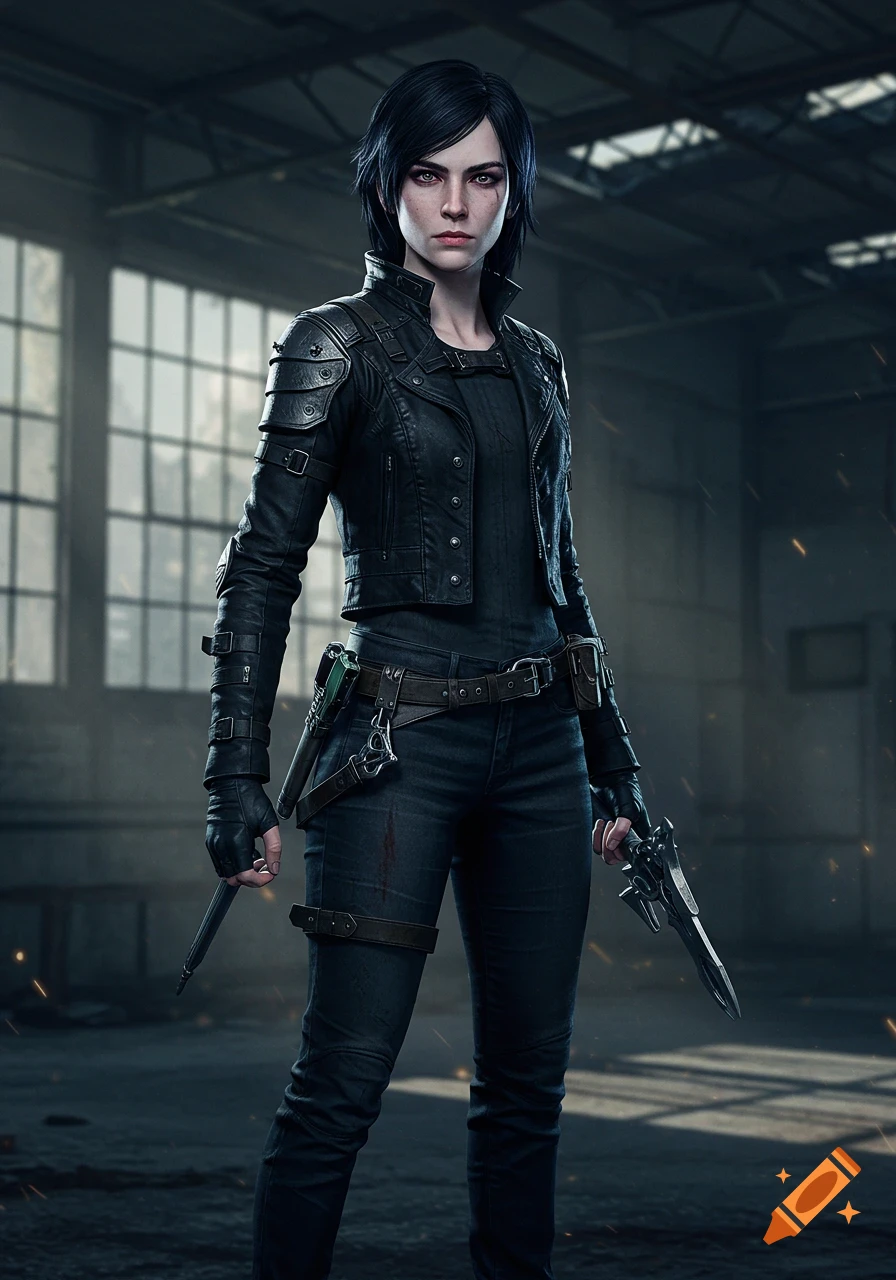 A photorealistic image of a serious dark-haired woman in black leather and tactical gear, holding weapons in a dimly lit industrial setting.