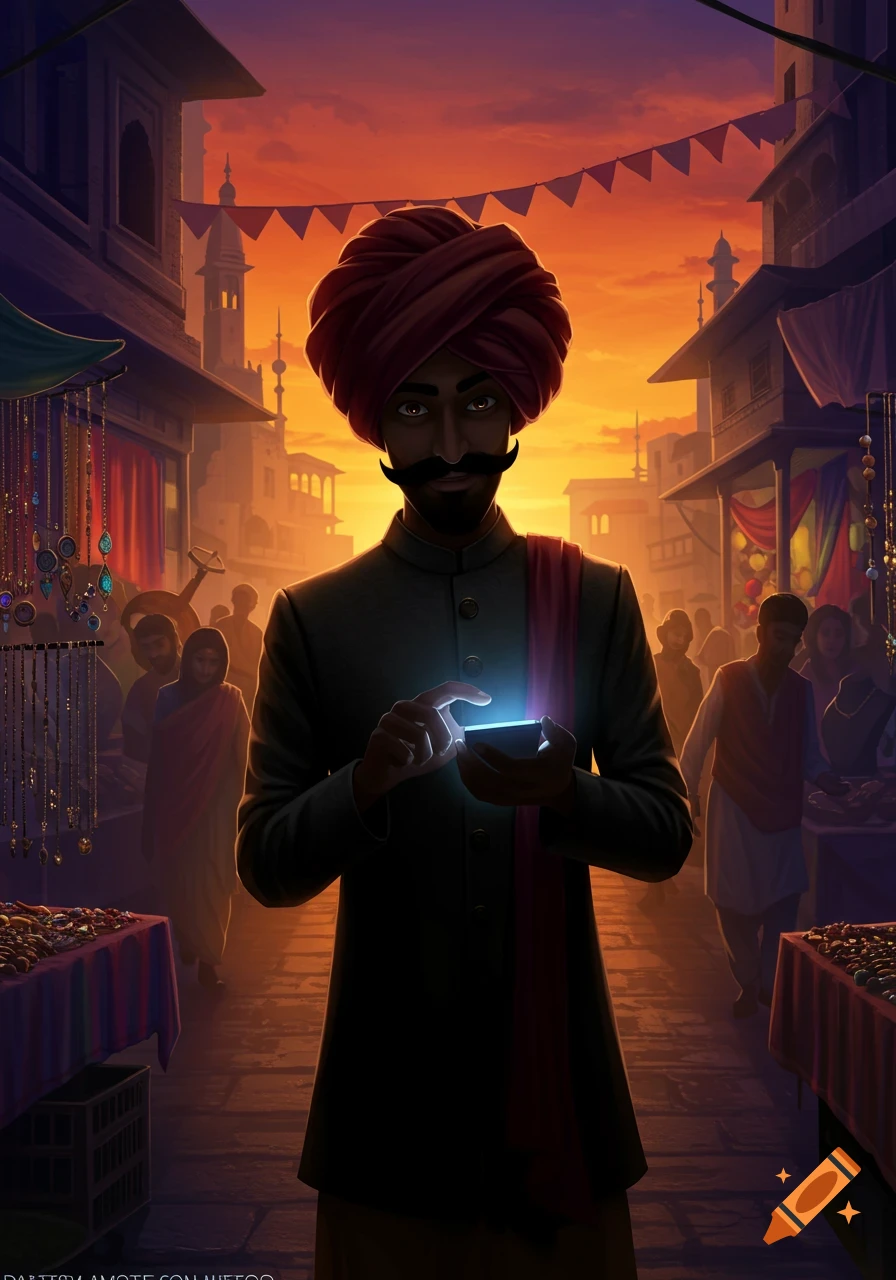 Stylized digital painting of a man in a turban looking at a glowing smartphone on a bustling market street at sunset.