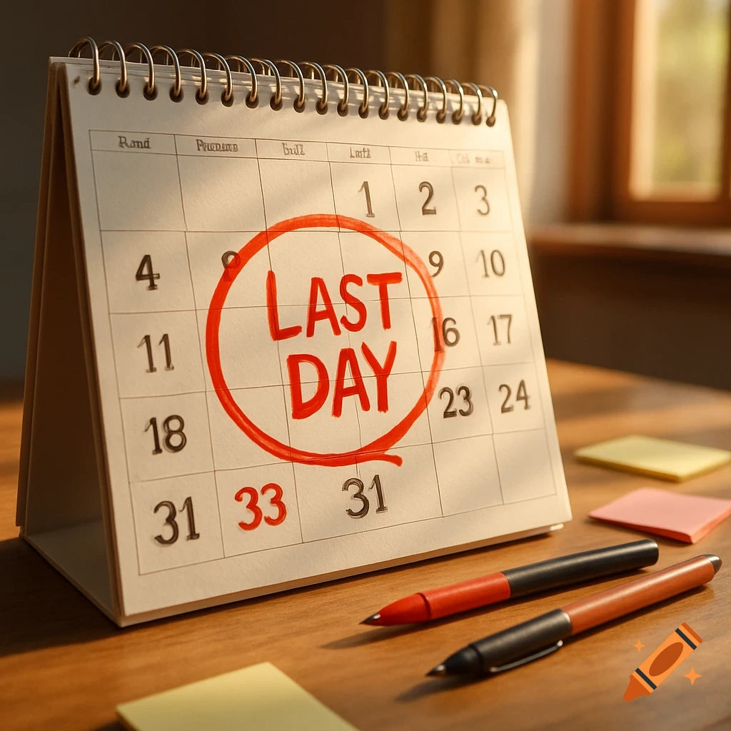 A desk calendar shows the words LAST DAY circled in red. Pens and sticky notes are on the wooden desk.