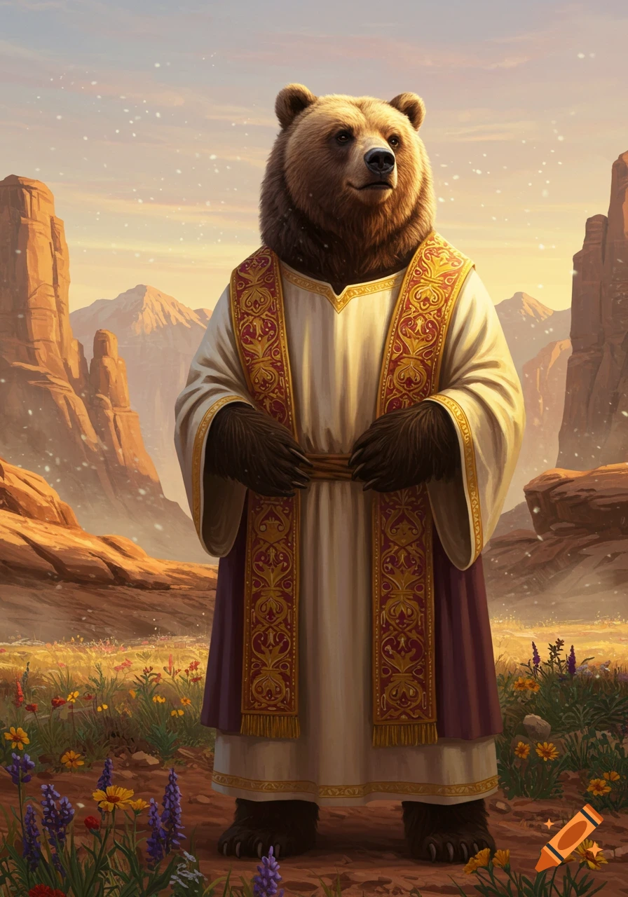 A majestic brown bear, dressed in a white and gold religious robe, stands in a desert valley at sunset with mountains in the background.
