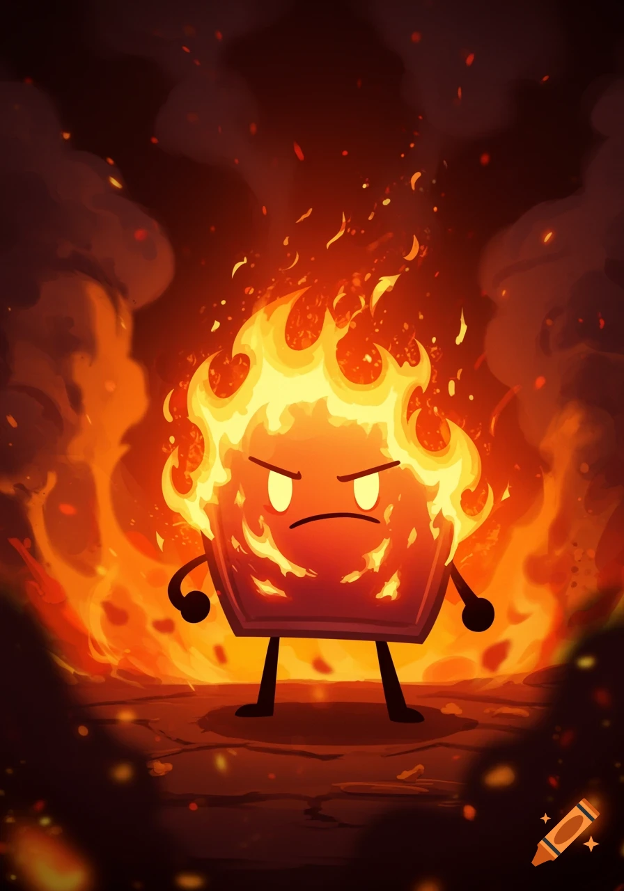 An angry, blocky cartoon character made of bright orange and yellow flames stands amidst a fiery, smoky background.