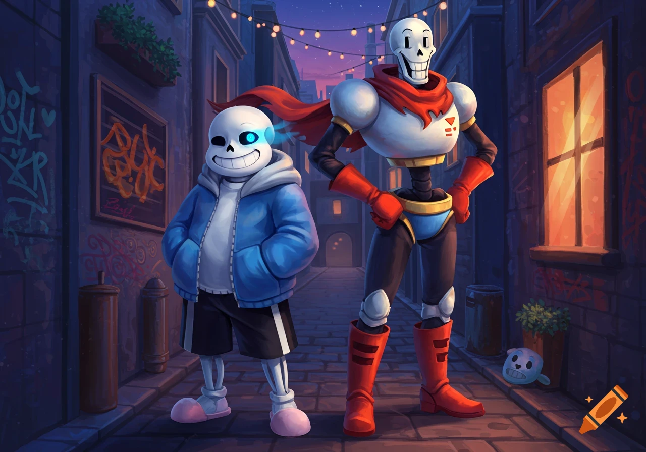 Sans and Papyrus from Undertale stand smiling in a stylized urban alleyway at dusk, with streetlights and graffiti.