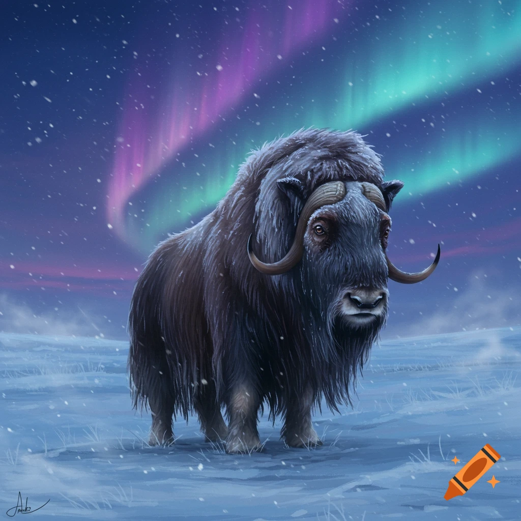 A majestic musk ox stands in a snowy arctic landscape under a vibrant purple and green aurora borealis sky.