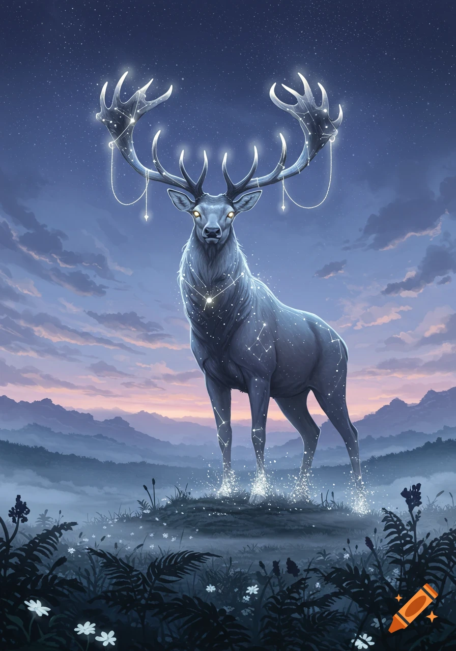 A majestic celestial elk with glowing eyes and constellations, standing in a misty twilight field with mountains in the background.