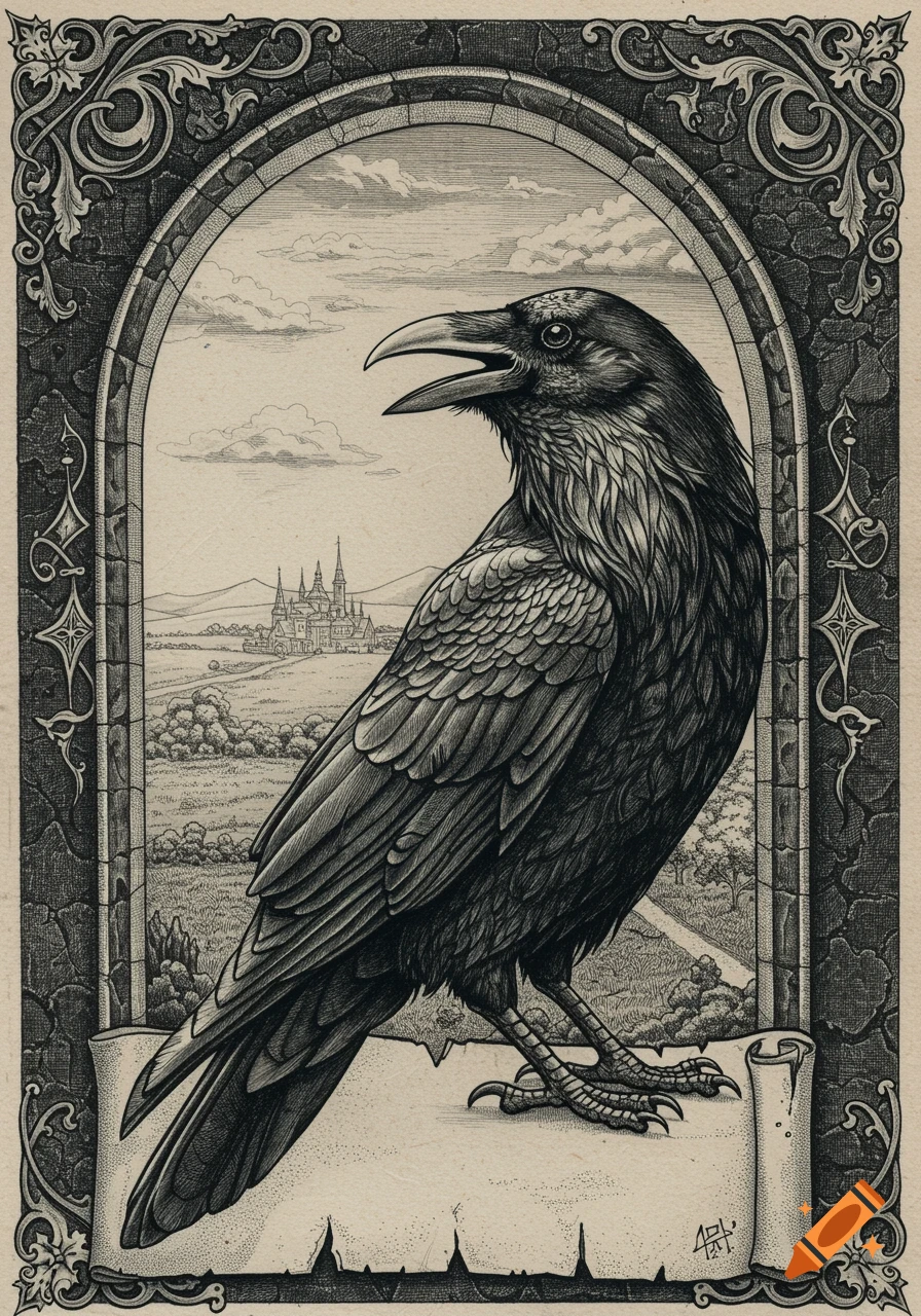 A detailed medieval style drawing of a black raven with an open beak, standing within an ornate stone archway overlooking a landscape with a distant castle.