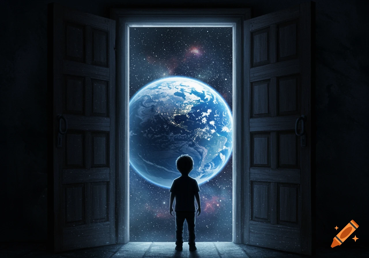 Silhouette of a small boy standing in a dark doorway, looking out at a large glowing Earth and starry space beyond.