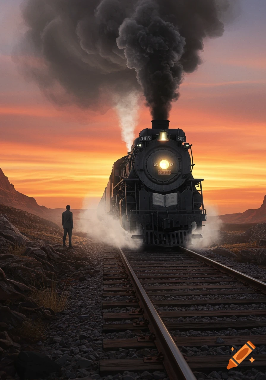 A man stands on train tracks in a vast landscape as a large, steaming train approaches under a vibrant sunset sky.